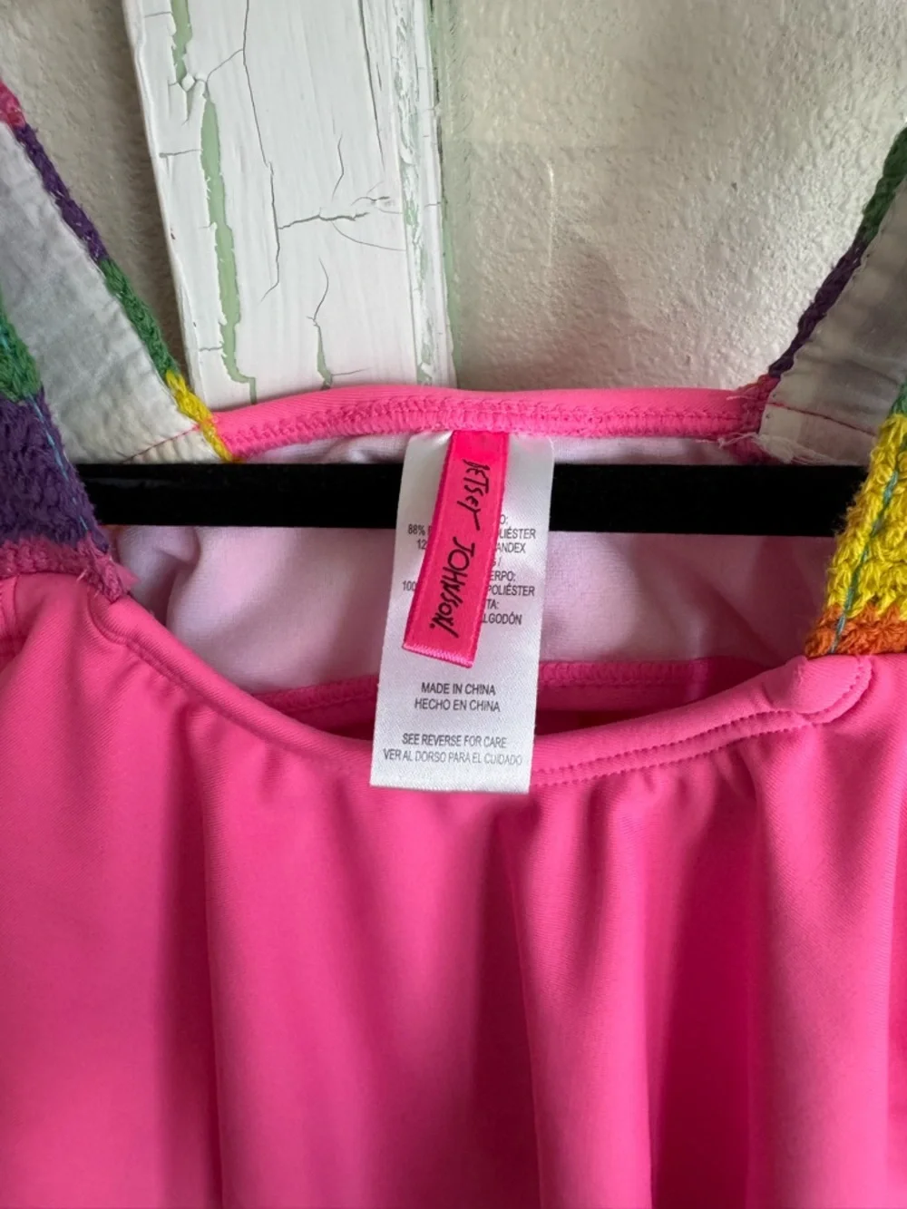 Girls Betsy Johnson Neon Pink bathing suit top with Rainbow Knit Straps